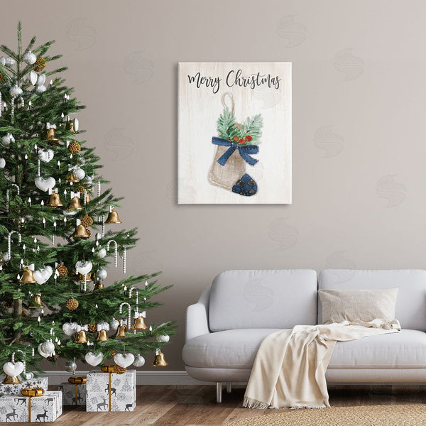 Stupell Industries Lanie Loreth | Merry Christmas Phrase Rustic Blue Plaid Holiday Stocking Wall Art