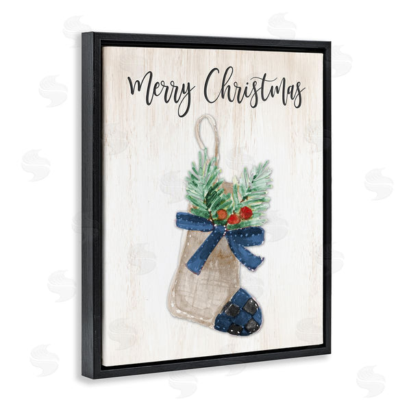 Stupell Industries Lanie Loreth | Merry Christmas Phrase Rustic Blue Plaid Holiday Stocking Wall Art