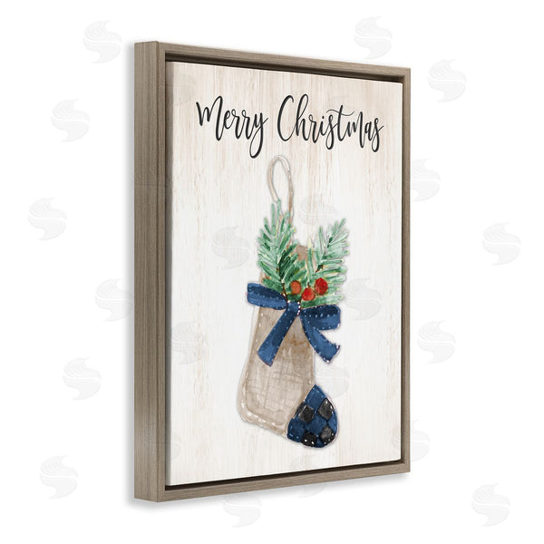 Stupell Industries Lanie Loreth | Merry Christmas Phrase Rustic Blue Plaid Holiday Stocking Wall Art