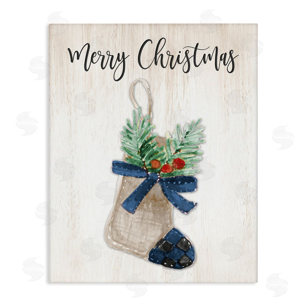 stupell industries Lanie Loreth | Merry Christmas Phrase Rustic Blue Plaid Holiday Stocking Wall Art