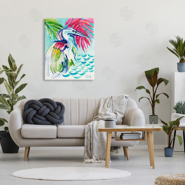 Stupell Industries Lanie Loreth | Water Crane Bird Tropical Waves Vibrant Pink Palm Wall Art