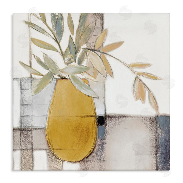 stupell industries Lanie Loreth | Yellow Foliage Vase over Abstract Grid Pattern