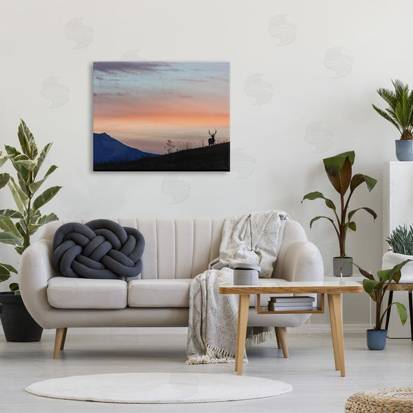 Stupell Industries Larry McFerrin | Mountain Elk Sunset Silhouette Blush Orange Skyline Wall Art