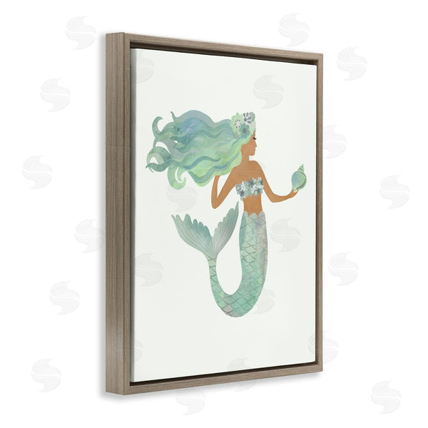 Stupell Industries Laura Konyndyk | Jade Mermaid Holding Shell Flower Outfit Fantasy Character Wall Art