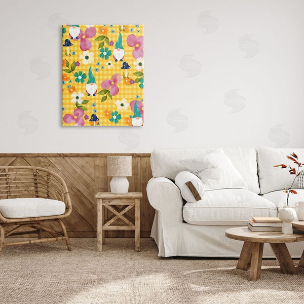 Stupell Industries Laura Konyndyk | Yellow Tartan Patterned Spring Gnomes Mushrooms Wall Art