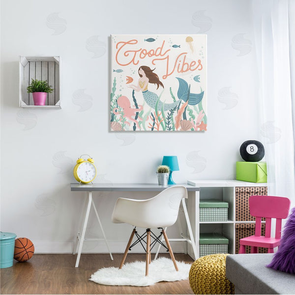 Stupell Industries Laura Marshall | Good Vibes Phrase Children's Mermaid Under Water Fish Wall Art
