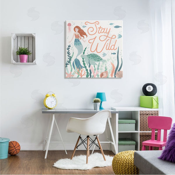 Stupell Industries Laura Marshall | Stay Wild Phrase Children's Seafloor Mermaid Tortoise Wall Art