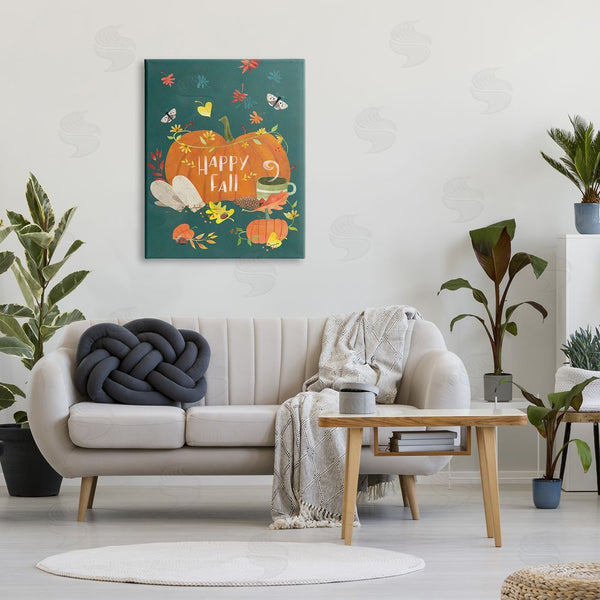 Stupell Industries Laura Watson | Happy Fall Greeting Plump Orange Pumpkin Festive Moths Wall Art