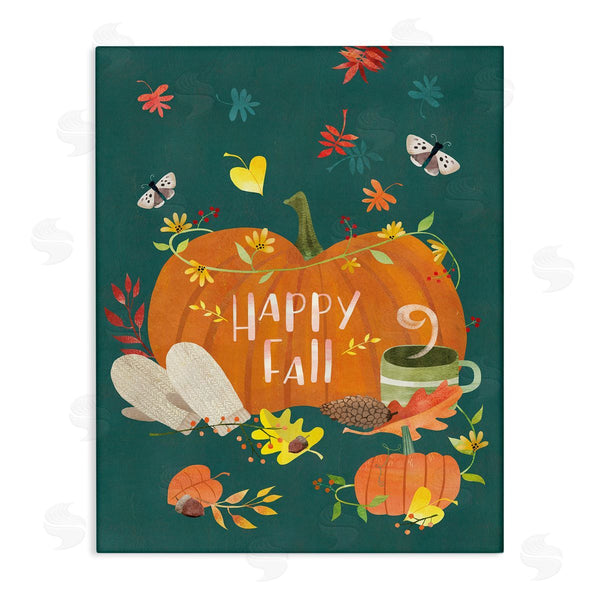 stupell industries Laura Watson | Happy Fall Greeting Plump Orange Pumpkin Festive Moths Wall Art