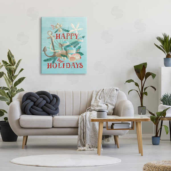 Stupell Industries Laura Watson | Happy Holidays Nautical Phrase Beach Anchor Seashells Wall Art