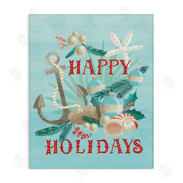 stupell industries Laura Watson | Happy Holidays Nautical Phrase Beach Anchor Seashells Wall Art