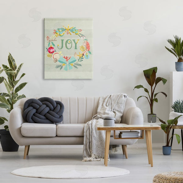 Stupell Industries Laura Watson | Nautical Holiday Wreathe Joy Sentiment Green Stripes Wall Art