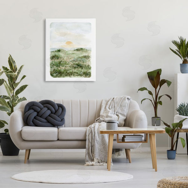 Stupell Industries Leah Bisch | Grassland Field Sun Peeking Ocean Horizon Wall Art
