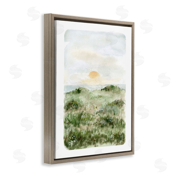 Stupell Industries Leah Bisch | Grassland Field Sun Peeking Ocean Horizon Wall Art