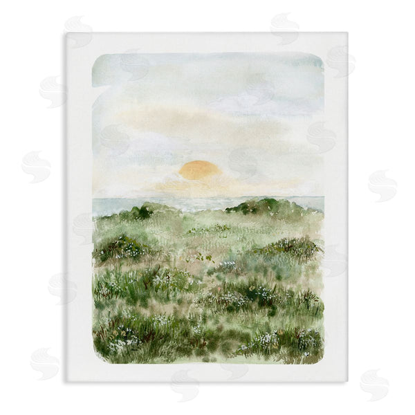 stupell industries Leah Bisch | Grassland Field Sun Peeking Ocean Horizon Wall Art