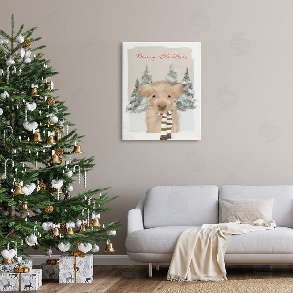 Stupell Industries Leah Straatsma | Merry Christmas Fuzzy Baby Calf Cattle Striped Scarf Wall Art