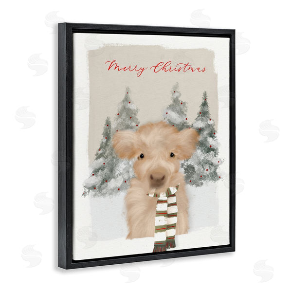 Stupell Industries Leah Straatsma | Merry Christmas Fuzzy Baby Calf Cattle Striped Scarf Wall Art