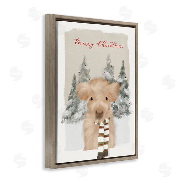 Stupell Industries Leah Straatsma | Merry Christmas Fuzzy Baby Calf Cattle Striped Scarf Wall Art