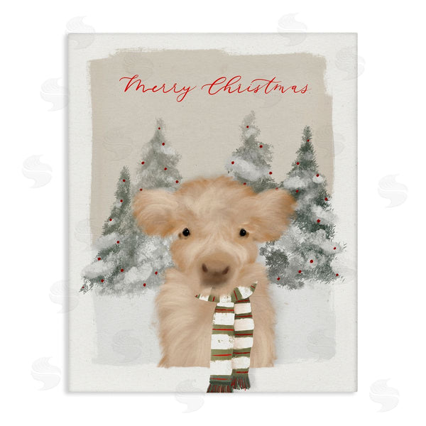 stupell industries Leah Straatsma | Merry Christmas Fuzzy Baby Calf Cattle Striped Scarf Wall Art