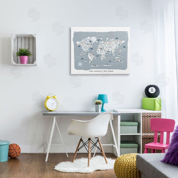 Stupell Industries Leah Straatsma | World Continents And Regional Animals Map Soft Blue Wall Art