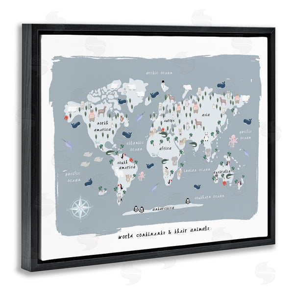 Stupell Industries Leah Straatsma | World Continents And Regional Animals Map Soft Blue Wall Art
