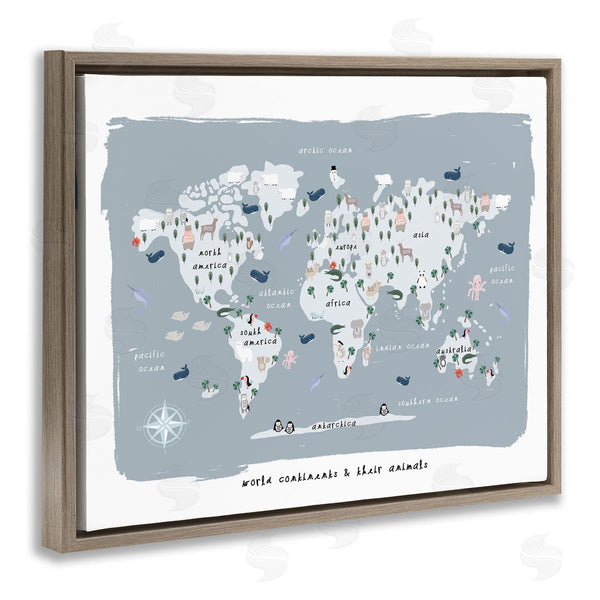 Stupell Industries Leah Straatsma | World Continents And Regional Animals Map Soft Blue Wall Art