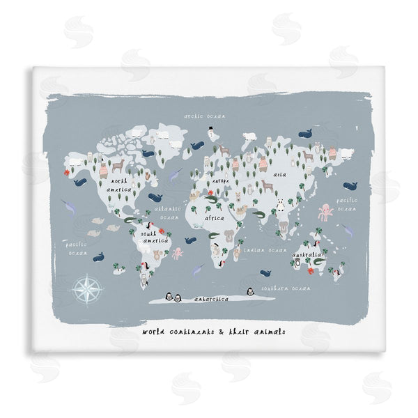 stupell industries Leah Straatsma | World Continents and Regional Animals Map Soft Blue Wall Art