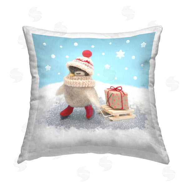 stupell industries Lemon & Sugar | Snowy Penguin Holiday Sled Gift Printed Throw Pillow