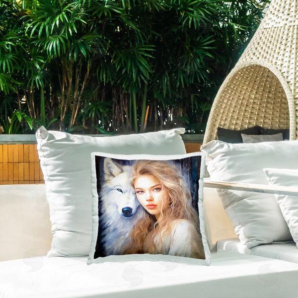 Stupell Industries Lena Owens | Woman With Tundra Wolf Printed Throw Pillow