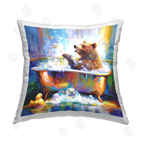 stupell industries Leon Devenice | Happy Bear in Bathtub Printed Throw Pillow