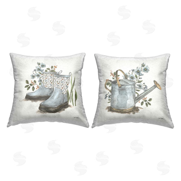 Stupell Industries Leslie Trimbach | Floral Watering Can Gardening Boots Printed Throw Pillow Set