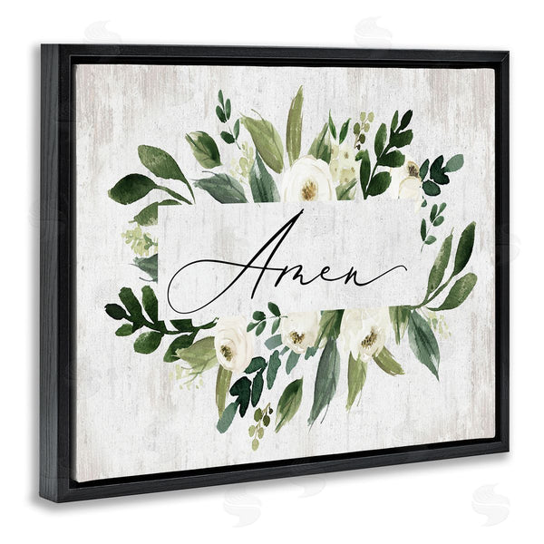 Stupell Industries Lettered And Lined | Amen Text Green Botanical Foliage White Florals Distressed Wall Art
