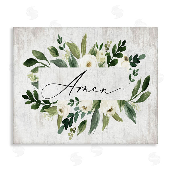 stupell industries Lettered and Lined | Amen Text Green Botanical Foliage White Florals Distressed Wall Art