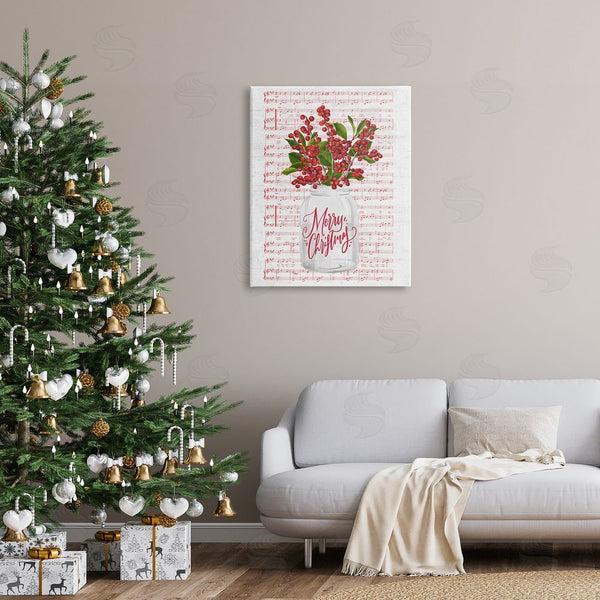 Stupell Industries Lettered And Lined | Christmas Holly Plant Music Sheet Notes Background Wall Art