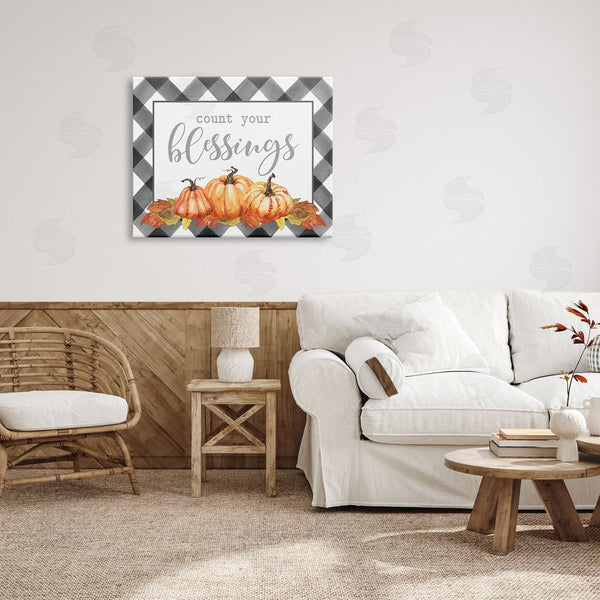 Stupell Industries Lettered And Lined | Count Your Blessings Autumn Sentiment Tartan Pumpkin Pattern Wall Art