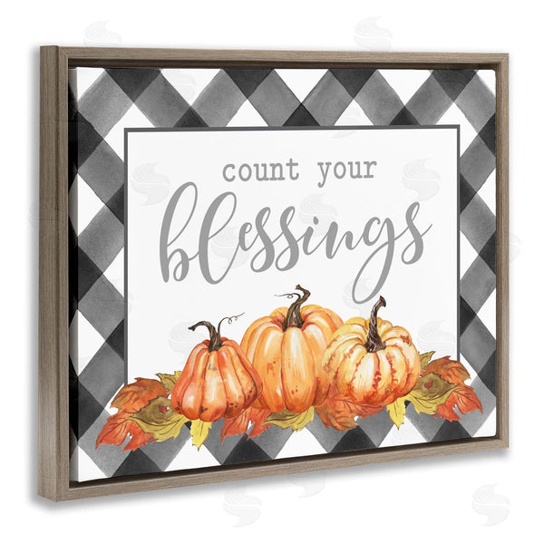Stupell Industries Lettered And Lined | Count Your Blessings Autumn Sentiment Tartan Pumpkin Pattern Wall Art