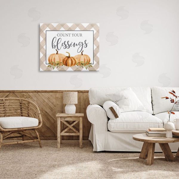 Stupell Industries Lettered And Lined | Count Your Blessings Thankful Pumpkin Tartan Design Wall Art