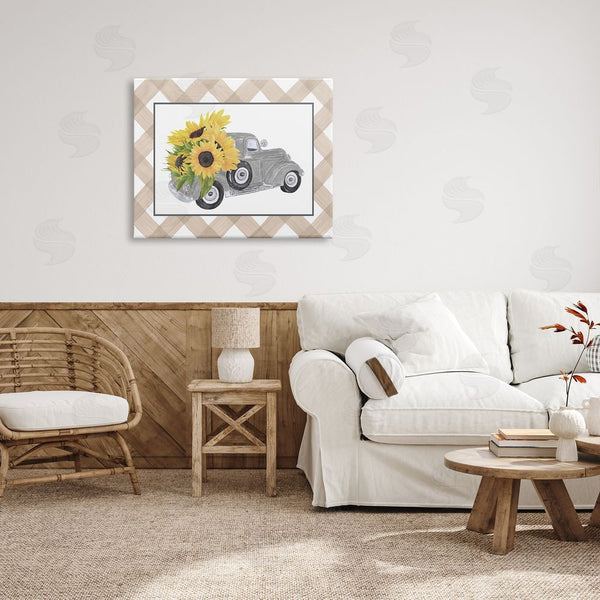 Stupell Industries Lettered And Lined | Country Vintage Truck Carrying Sunflowers Plaid Border Wall Art