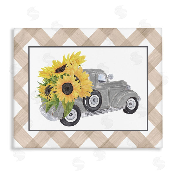 stupell industries Lettered and Lined | Country Vintage Truck Carrying Sunflowers Plaid Border Wall Art