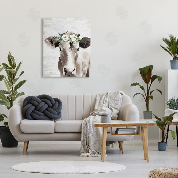 Stupell Industries Lettered And Lined | Farm Cow With Flower Crown Distressed Country Pattern Wall Art