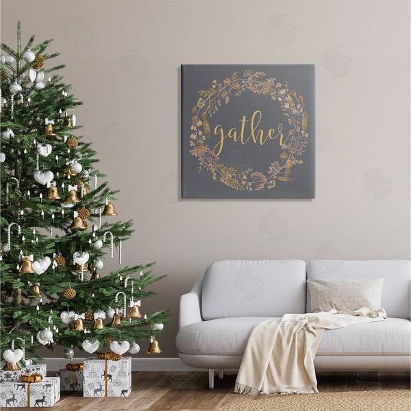 Stupell Industries Lettered And Lined | Gather Calligraphy Rustic Autumn Botanical Blooms Wreath Wall Art