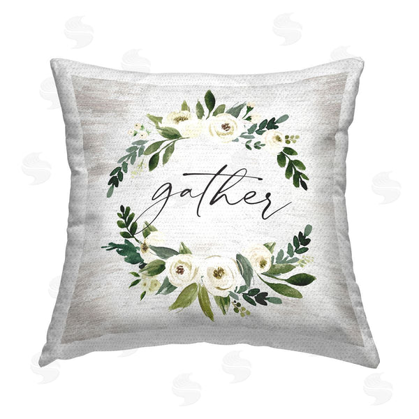 Stupell Industries Lettered And Lined | Gather Rustic White Roses Garland Printed Throw Pillow