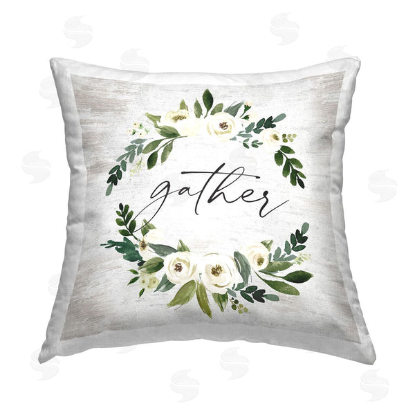 stupell industries Lettered and Lined | Gather Rustic White Roses Garland Printed Throw Pillow