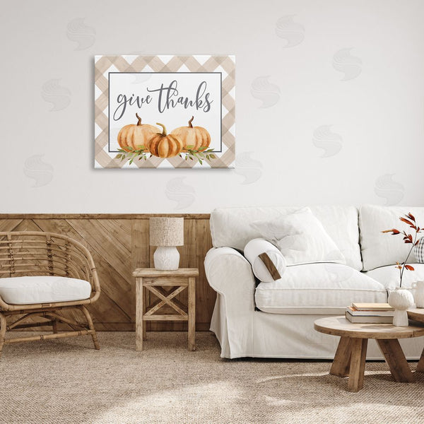 Stupell Industries Lettered And Lined | Give Thanks Calligraphy Autumnal Tartan Pumpkin Border Wall Art