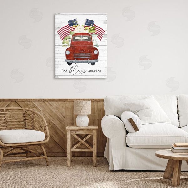 Stupell Industries Lettered And Lined | God Bless America Sentiment Americana Red Truck Flags Wall Art