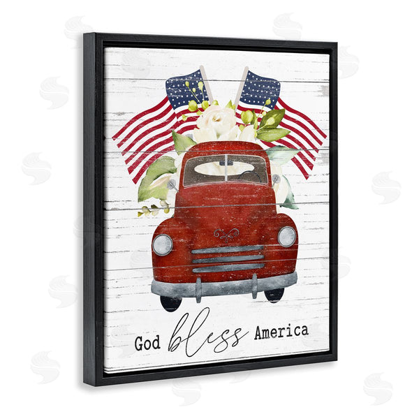 Stupell Industries Lettered And Lined | God Bless America Sentiment Americana Red Truck Flags Wall Art