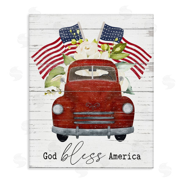 stupell industries Lettered and Lined | God Bless America Sentiment Americana Red Truck Flags Wall Art