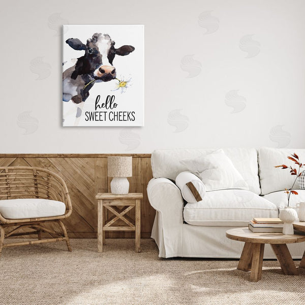 Stupell Industries Lettered And Lined | Hello Sweet Cheeks Country Cow Cattle Holding Flower Wall Art