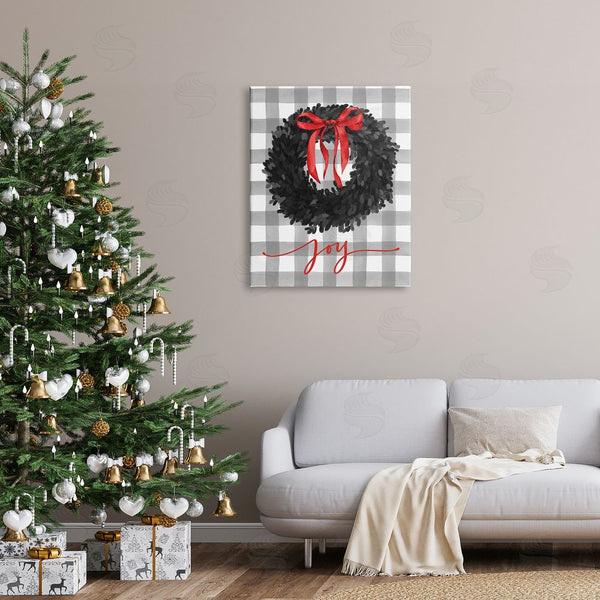 Stupell Industries Lettered And Lined | Joy Calligraphy Holiday Wreath Plaid Red Bow Wall Art