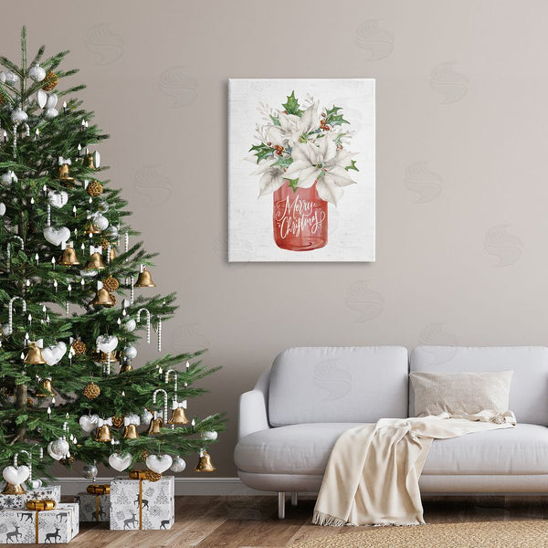 Stupell Industries Lettered And Lined | Merry Christmas White Poinsettia Holly Berries Bouquet Wall Art